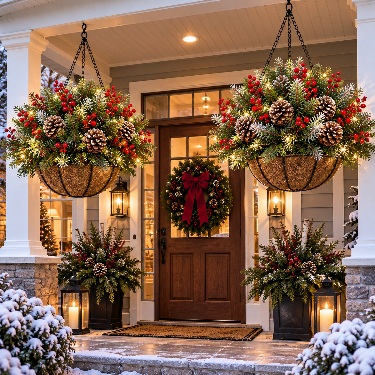 Pre-Lit Christmas Hanging Basket – Warm Evergreen Porch Décor