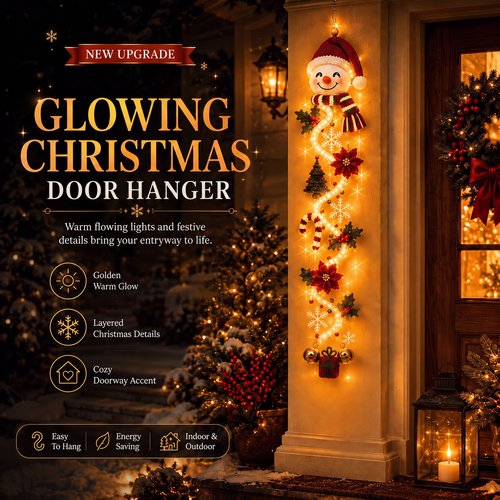 Glowing Christmas door hanger with warm festive lights