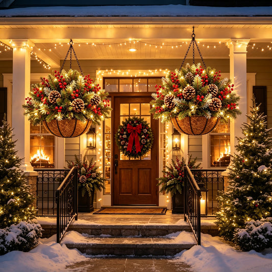 Pre-Lit Christmas Hanging Basket – Warm Evergreen Porch Décor