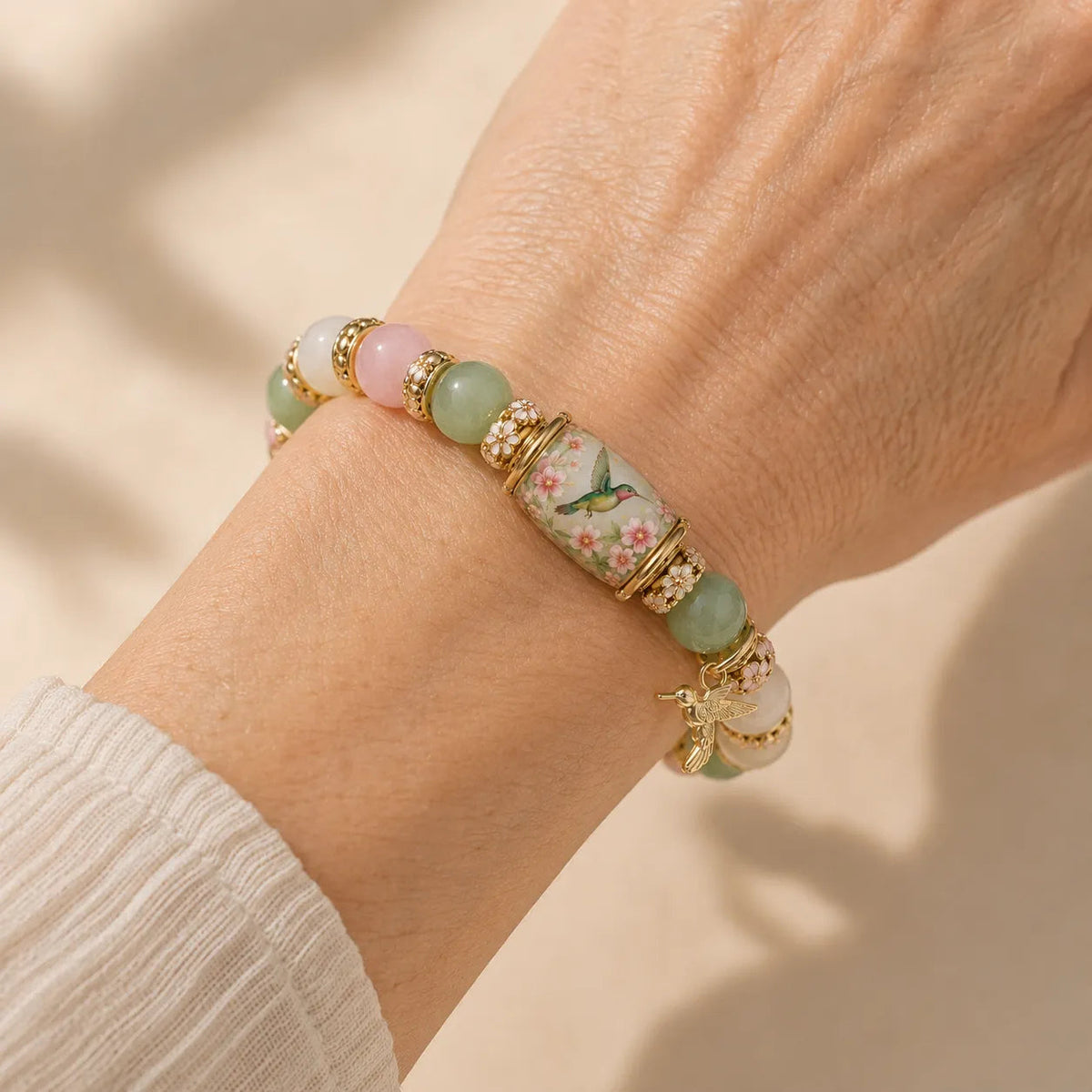 Hummingbird spring bracelet wearing detail