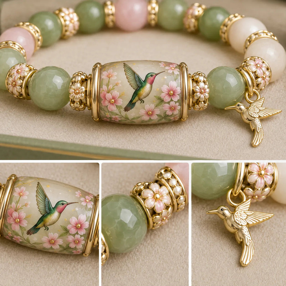 Hummingbird spring bracelet floral bead details